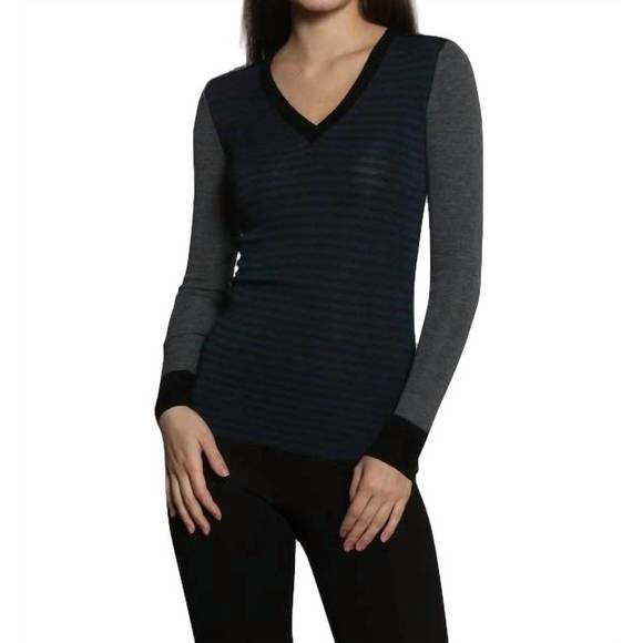 NEW LABEL+THREAD skinny rib vee pullover in charcoal/ocean - Picture 1 of 3